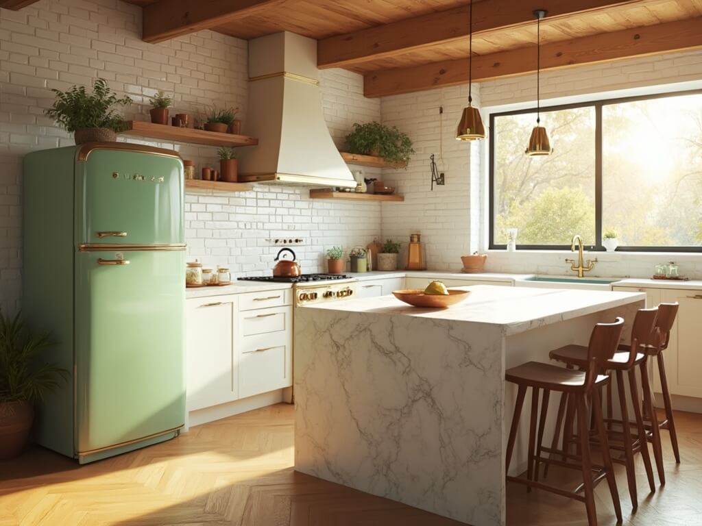 "Vintage modern kitchen with sunlight streaming through the windows, highlighting the oak floors, white cabinetry, green SMEG fridge, and marble island."