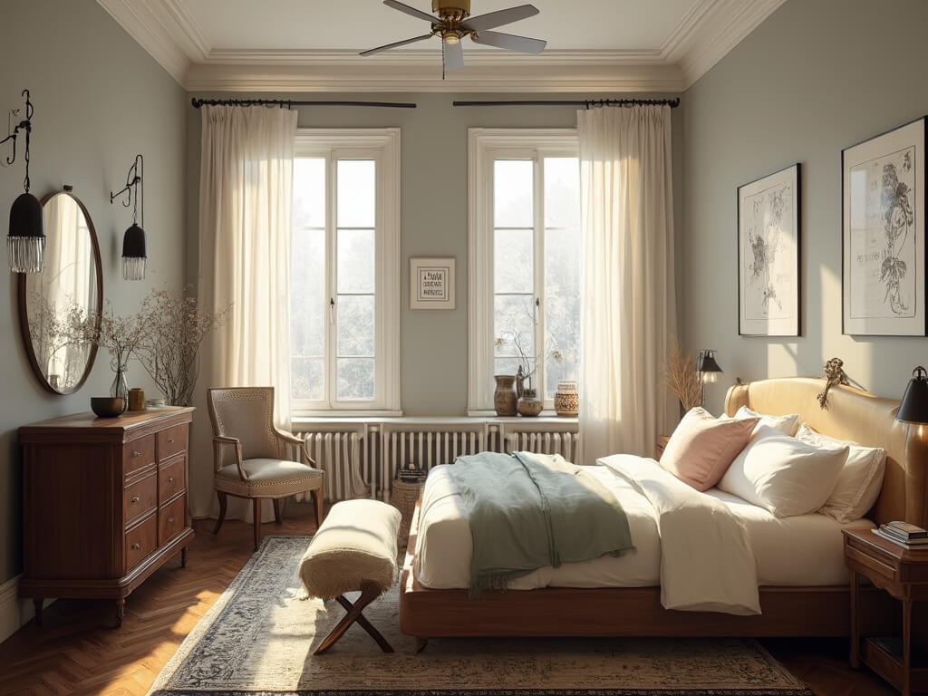"Sunlit vintage-modern bedroom with Victorian windows, a walnut bed, antique brass vanity, and navy Persian rug"
