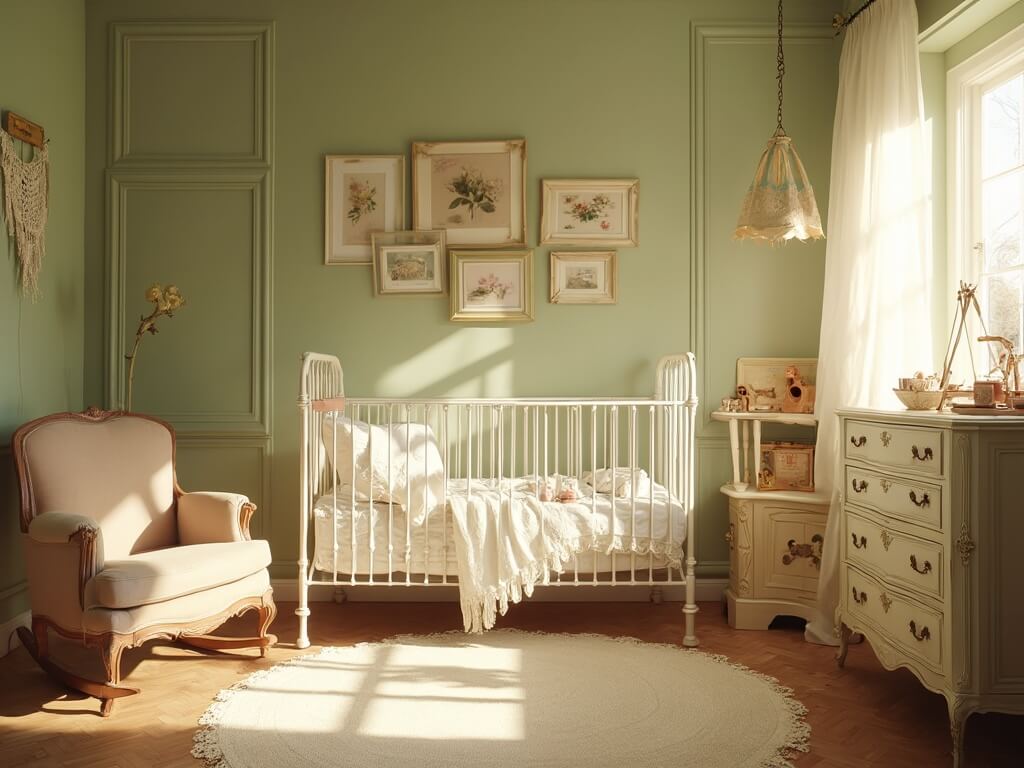 "Vintage nursery in golden hour sunlight with antique crib, Victorian rocking chair, botanical prints and vintage toys"