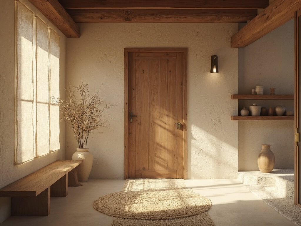 "Wabi-Sabi inspired entryway with morning sunlight filtering through rice paper screens, highlighting the weathered oak bench, handcrafted ceramic vessel, natural jute runner and pottery collection on reclaimed wood shelf."