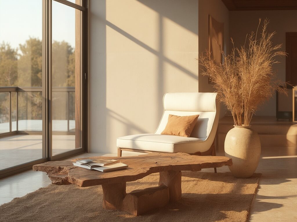 "Minimalist living room with high ceilings, floor-to-ceiling windows, teak wabi sabi side table next to a cream armchair, and dried pampas grass in ceramic vase, in warm earth tones"
