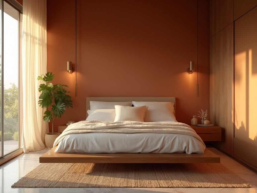 "Luxurious primary bedroom with minimalist design and warm natural lighting, featuring terracotta walls, walnut nightstands, and organic cotton bedding."