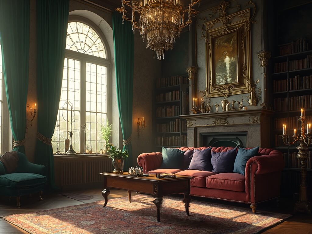 "Victorian living room bathed in golden hour light, filled with ornate details like emerald curtains, a burgundy chesterfield sofa, antique brass ornaments, and a collection of occult artworks and astronomical instruments."