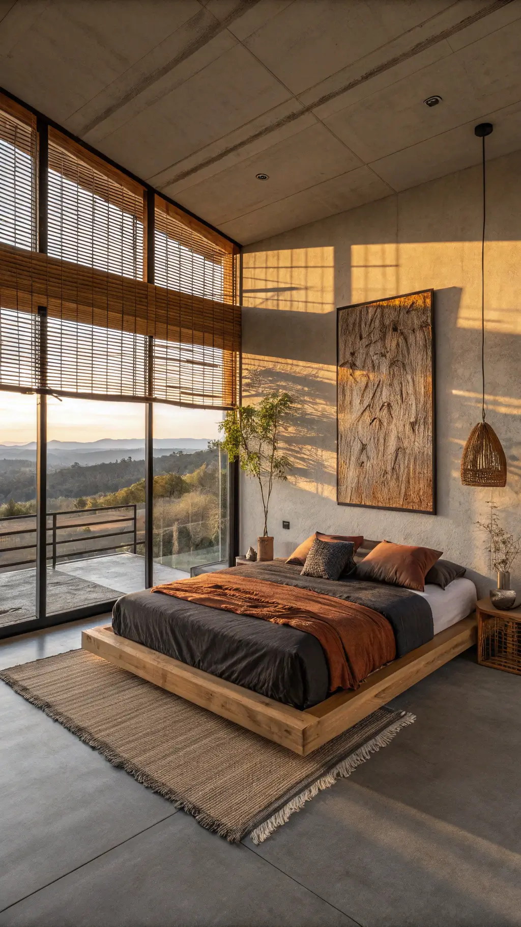 Minimalist boho bedroom with floor-to-ceiling windows, low-profile Japanese platform bed, oversized abstract art, statement pendant light and bamboo blinds at sunset.