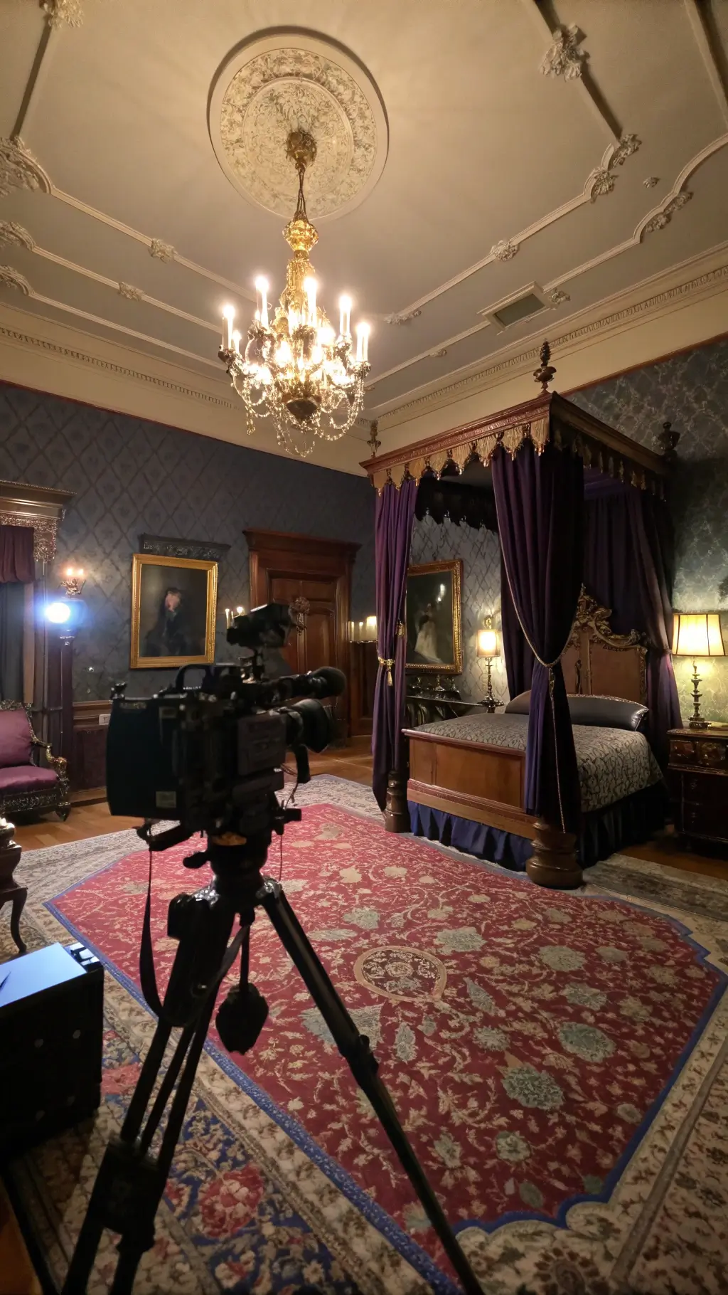 A grand 15x18ft Victorian master suite at dusk, featuring an imposing four-poster mahogany bed, ornate black wallpaper, a massive brass chandelier, velvet decorated window alcoves, layered Persian rugs, oil paintings in gilded frames, and an antique brass mirror catching the golden hour light.