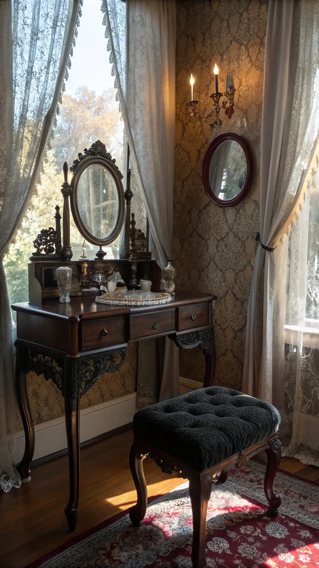 Low angle view of an ornate Victorian vanity in a gothic setting with vintage items, black velvet stool, detailed woodwork, damask wallpaper and prismatic light from a crystal chandelier.