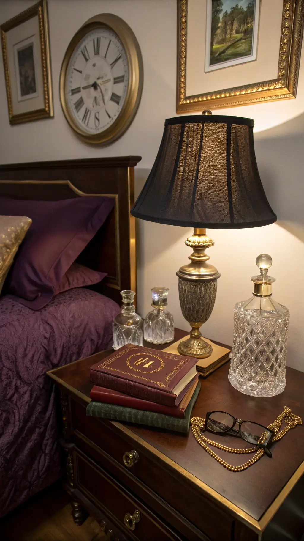 Antique bedside scene at night with warm light from brass lamp, crystal decanters on mahogany table, stacked leather-bound books, reading glasses, silk bedding, gilded picture frames, Victorian pocket watch and dark wood floors with Oriental rug.