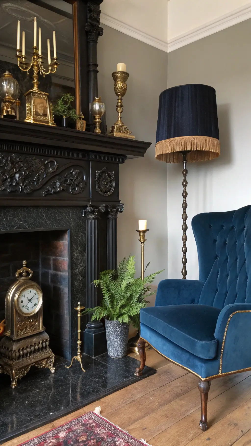 Luxurious living room with grand black marble fireplace, brass accents, midnight blue velvet wing chair, antique clock collection on dark wooden mantle, silver candlesticks with black candles, and potted ferns.