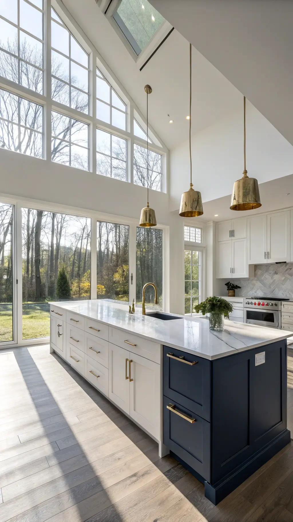 Spacious modern kitchen with morning sunlight through large windows, featuring white cabinets, a navy blue island with quartz countertop, minimal brass pendant lights, and metallic accents captured from an elevated angle.