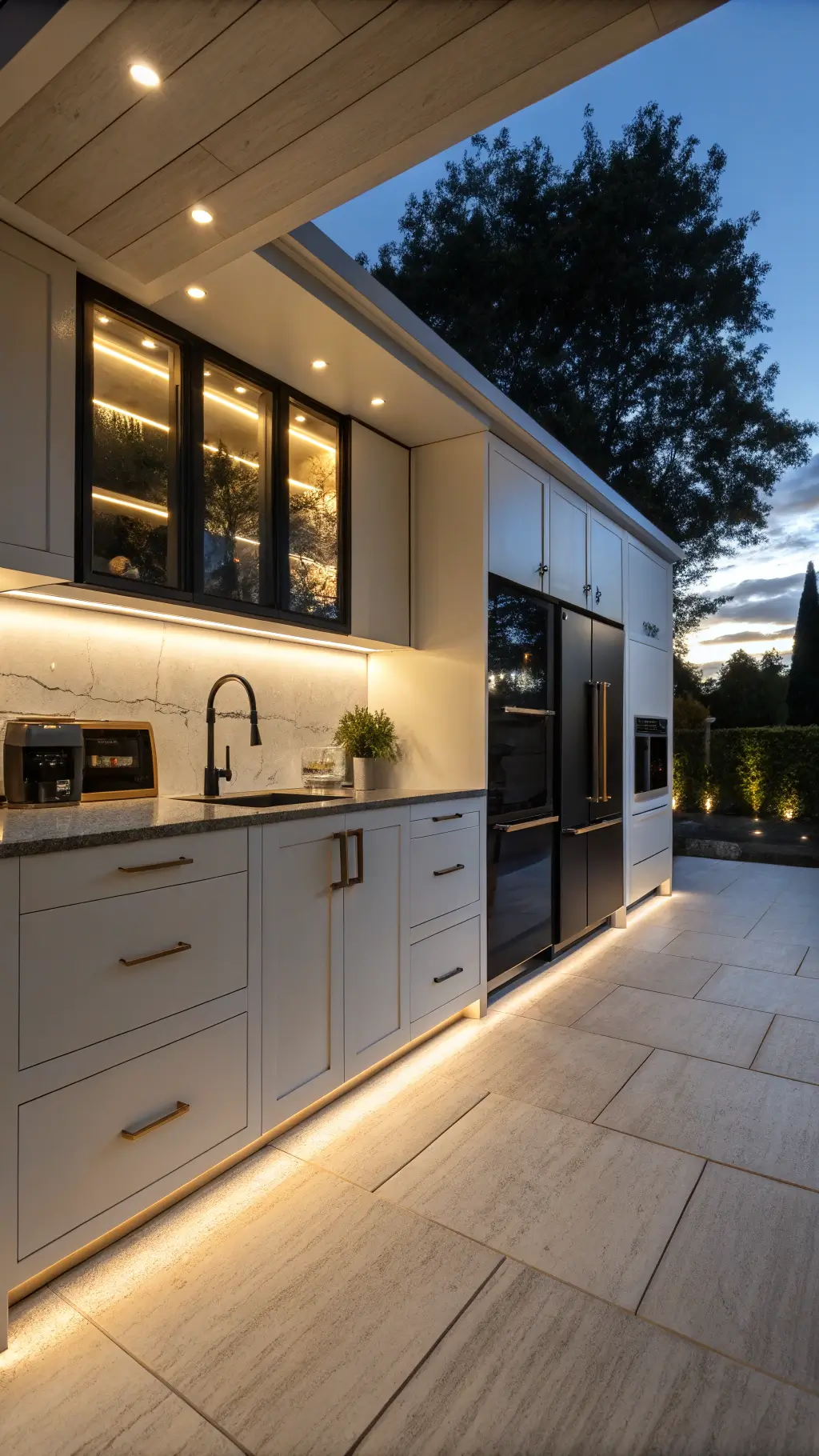Smart kitchen with black appliances, LED lighting under shelves and cabinets, and a voice-activated gold faucet, shot from a low angle at dusk.