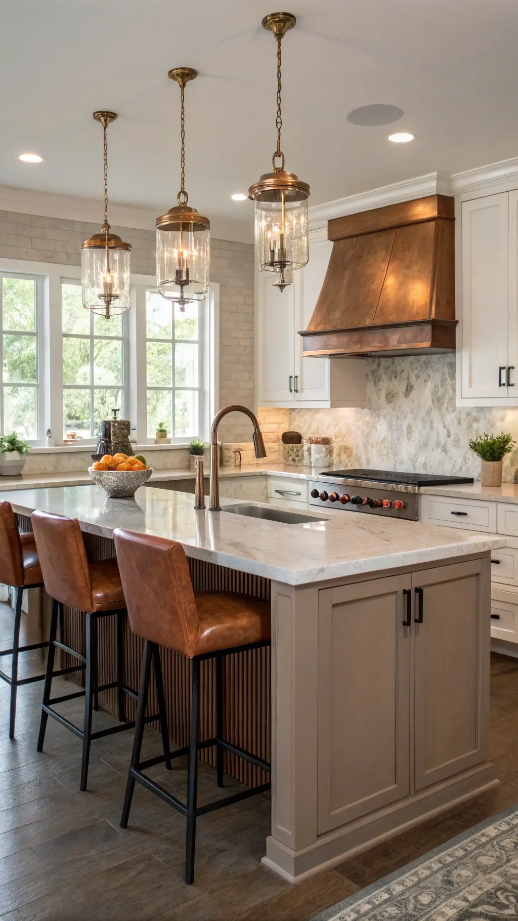 Kitchen island with copper sink, hidden outlets, and waterfall edge seating area in morning light, viewed from a 45-degree angle