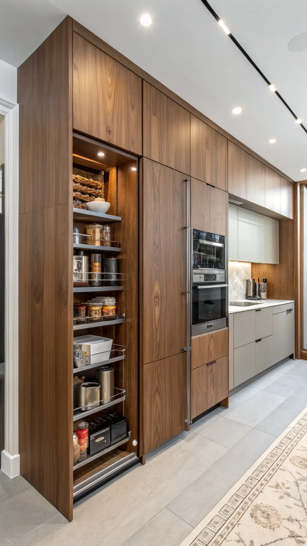 Pull-out pantry wall with walnut finish and integrated appliance garage housing copper appliances in bright midday light