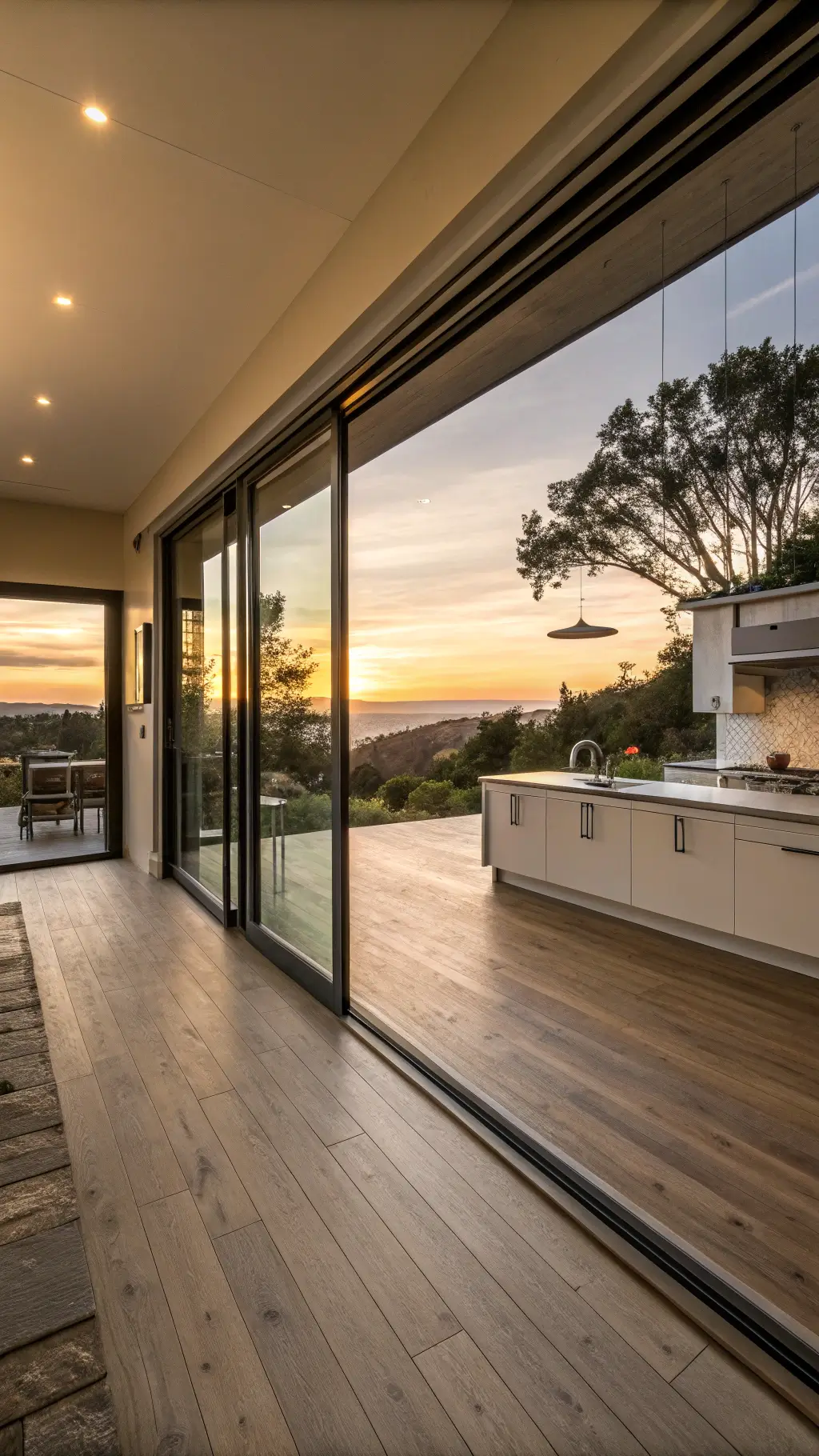 Open-concept kitchen and living room at sunset with nature views framed by 12ft sliding glass doors, connected by wide-plank oak flooring and floating shelves, shot from living room corner with balanced exposure from golden hour natural light and subtle artificial fill.