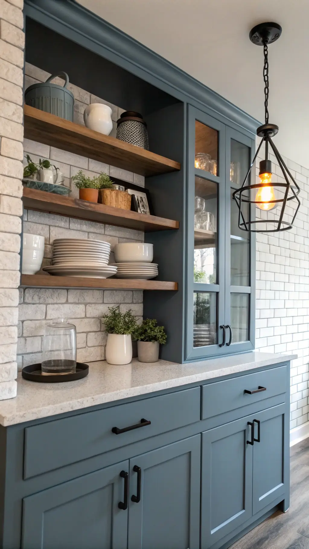 Slate blue cabinets with matte black hardware in a budget-conscious style vignette, displayed ceramics on open shelving against white brick backsplash, industrial pendant light with exposed bulb, all under side lighting emphasizing details.