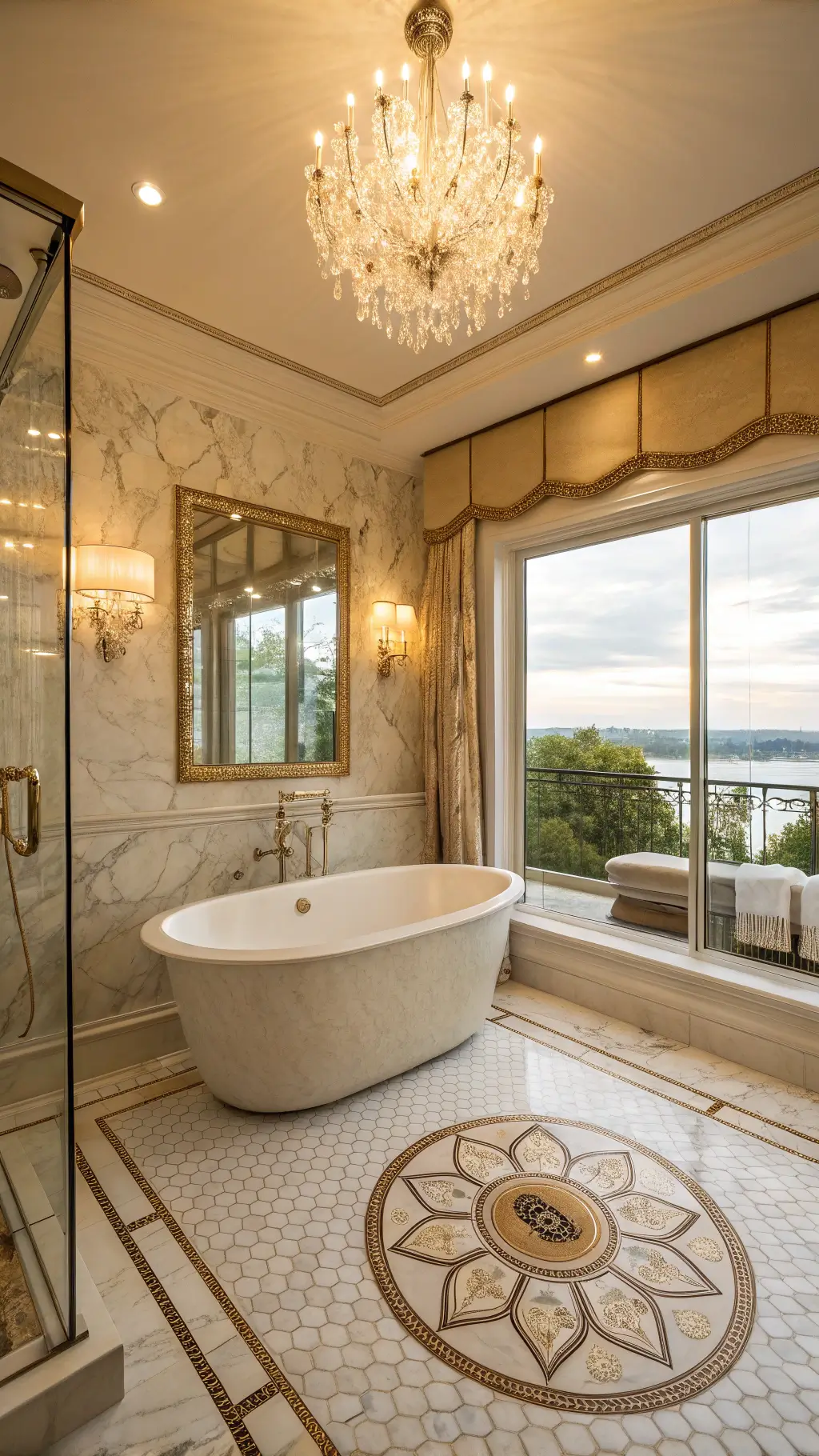 Elevated view of a luxurious 11x14ft boutique hotel-style bathroom with golden hour lighting, featuring a centered oval stone tub on a mosaic marble floor medallion, multiple-head shower enclosed in frameless glass, champagne-colored grasscloth wallpaper above marble wainscoting, and crystal chandelier reflected in an oversized mirror.