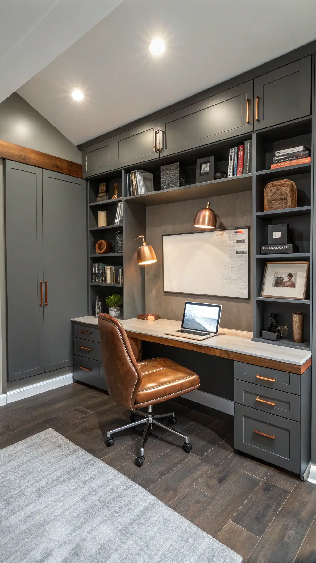 High-angle view of a sophisticated 12x14ft hybrid space featuring a charcoal grey Murphy bed with integrated desk, a modern chrome and leather office chair, built-in whiteboard, floating shelves, recessed spots and articulating wall sconces lighting, and cognac leather and copper accents.