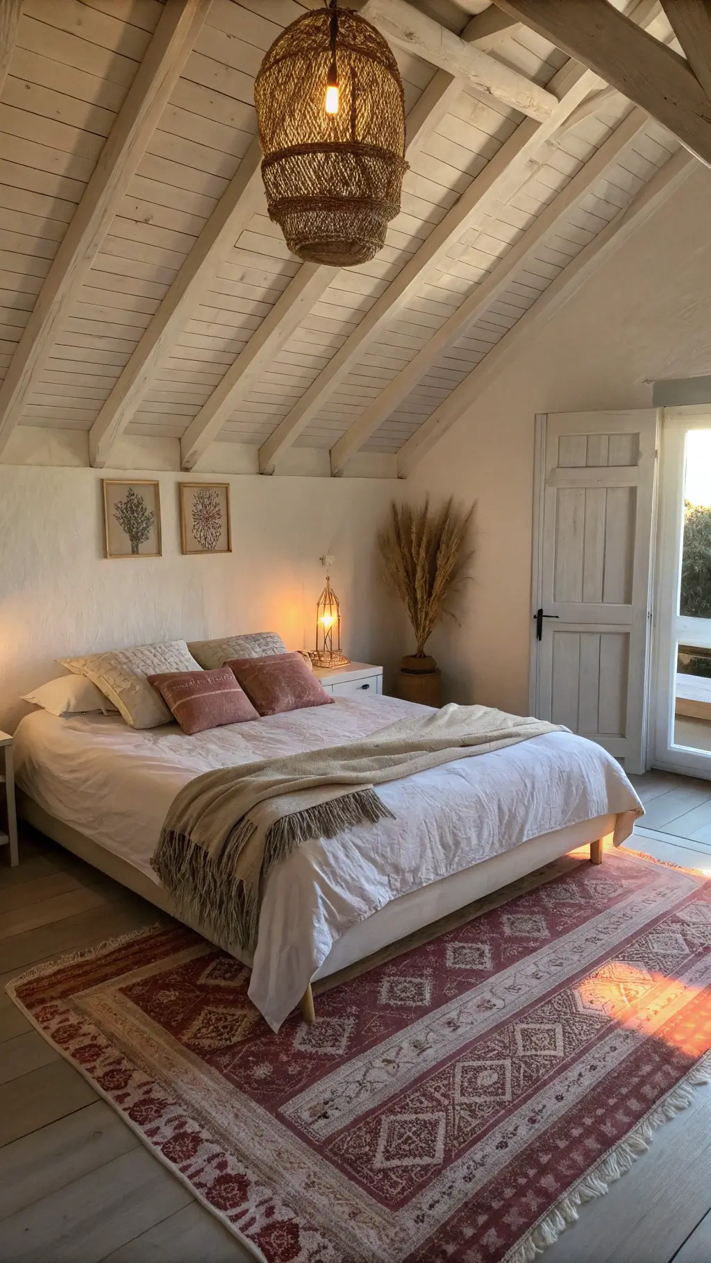 Cosy 15x12ft bedroom in golden hour light with white wooden beam ceiling, rumpled Belgian linen on platform bed, oversized macramé headboard, rattan pendant lighting, vintage Moroccan rugs and dried pampas grass arrangement.