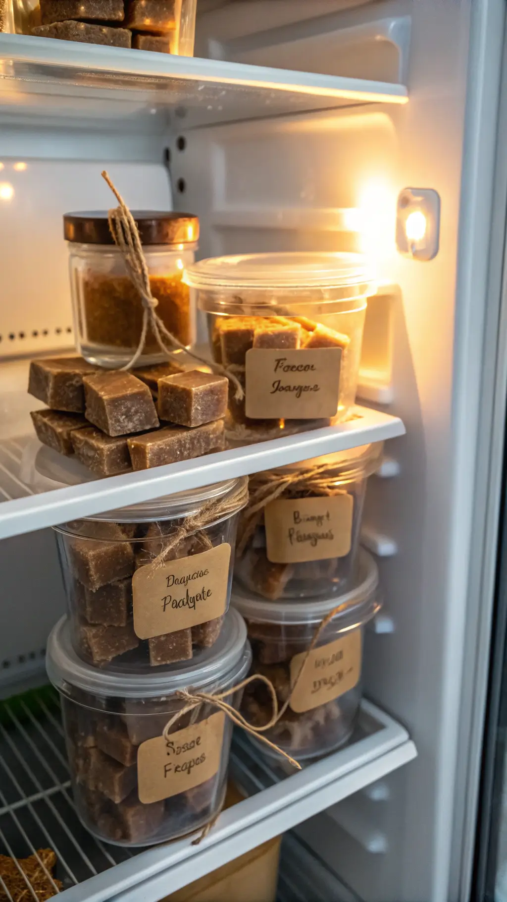 Glass jars filled with fudge pieces stacked in a refrigerator with rustic kraft paper labels and twine, illuminated by cool refrigerator light and warm accent lighting.