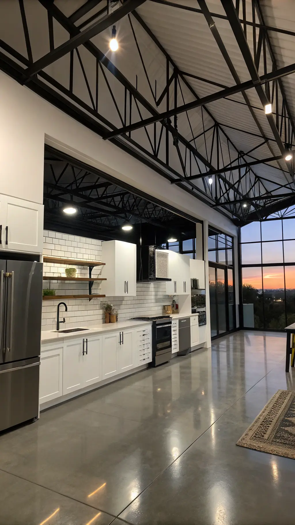 High-angle view of a modern industrial loft kitchen featuring contrasting black steel beams and white walls, polished concrete floors with reflecting track lighting, white lacquer cabinets with black appliances, and geometric styling at dusk.