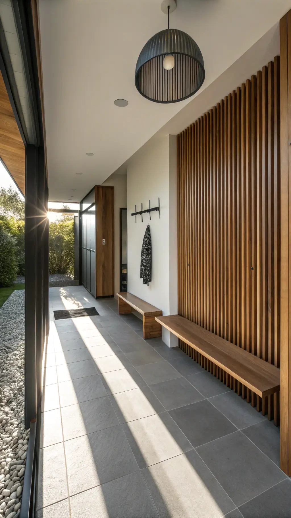 High-angle shot of a narrow entrance corridor with modern room divider casting shadows, floating walnut bench, geometric cement floor tiles, oversized arched mirror and integrated wall storage with hidden hooks.