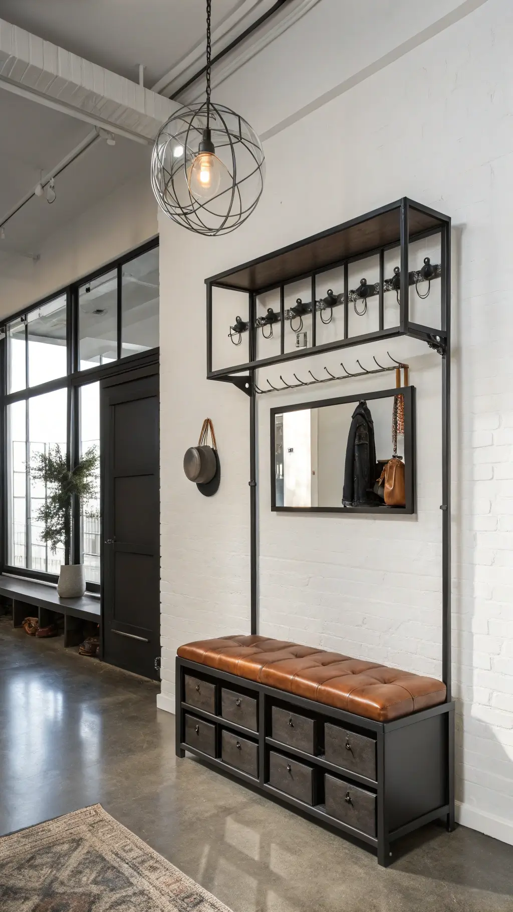 Urban entryway with industrial black metal storage unit, integrated mirror, cognac leather bench, polished concrete floors, glass globe pendant, and dramatic side lighting on a bare white wall.