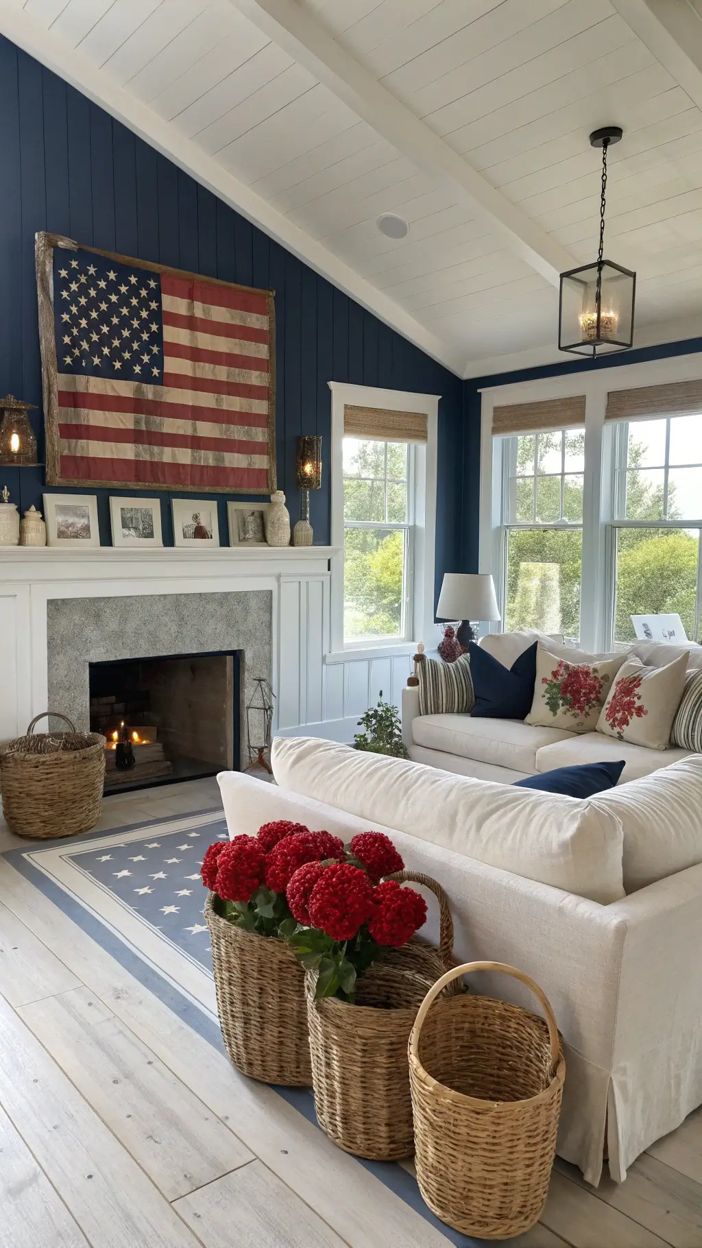 Sunlit farmhouse living room with whitewashed oak floors, navy accent wall, decorated with vintage American flag art, red and white hydrangeas in woven baskets, and a linen sofa with star-patterned throw pillows.
