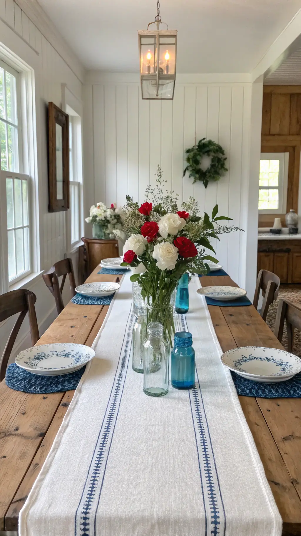 Vintage farmhouse dining room with shiplap walls, mercury glass vases centerpiece filled with peonies and roses on a navy striped linen runner, and blue-tinted mason jars on table edges in the morning light.