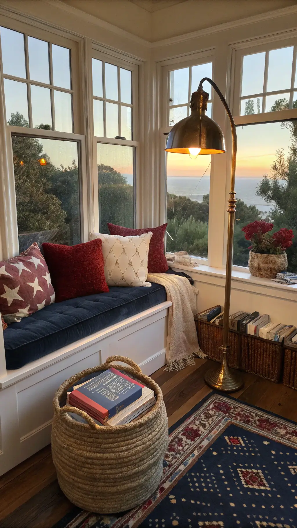 Cozy 10x12ft reading nook at sunset with built-in bay window seating, variety of textured cushions, antiqued brass floor lamp, and a basket of vintage books with warm golden lighting streaming through