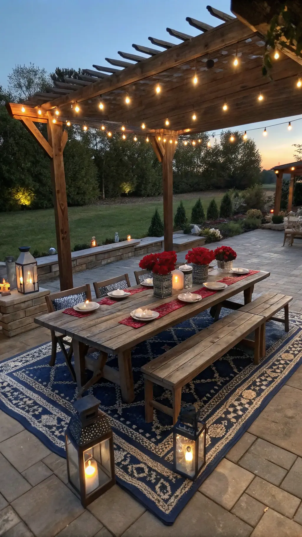 Twilight view of 20x30ft outdoor entertainment space featuring a weathered teak dining set under a market-lit pergola, indigo table runners with white ceramic vessels filled with dahlias, metallic lanterns, and navy rugs on a stone patio.