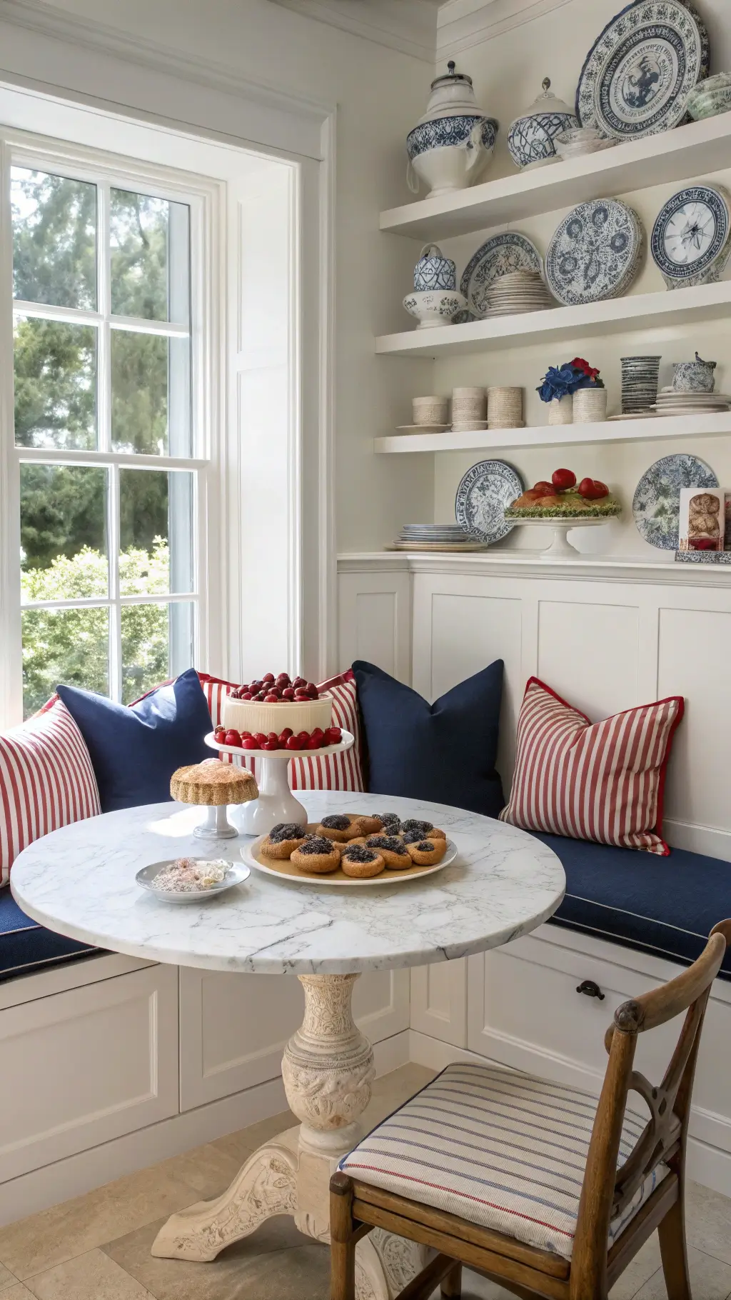 Sunny kitchen breakfast nook with white banquette seating, navy cushions, red striped pillows, round marble table with star-spangled desserts, and open shelves filled with blue and white ceramics.