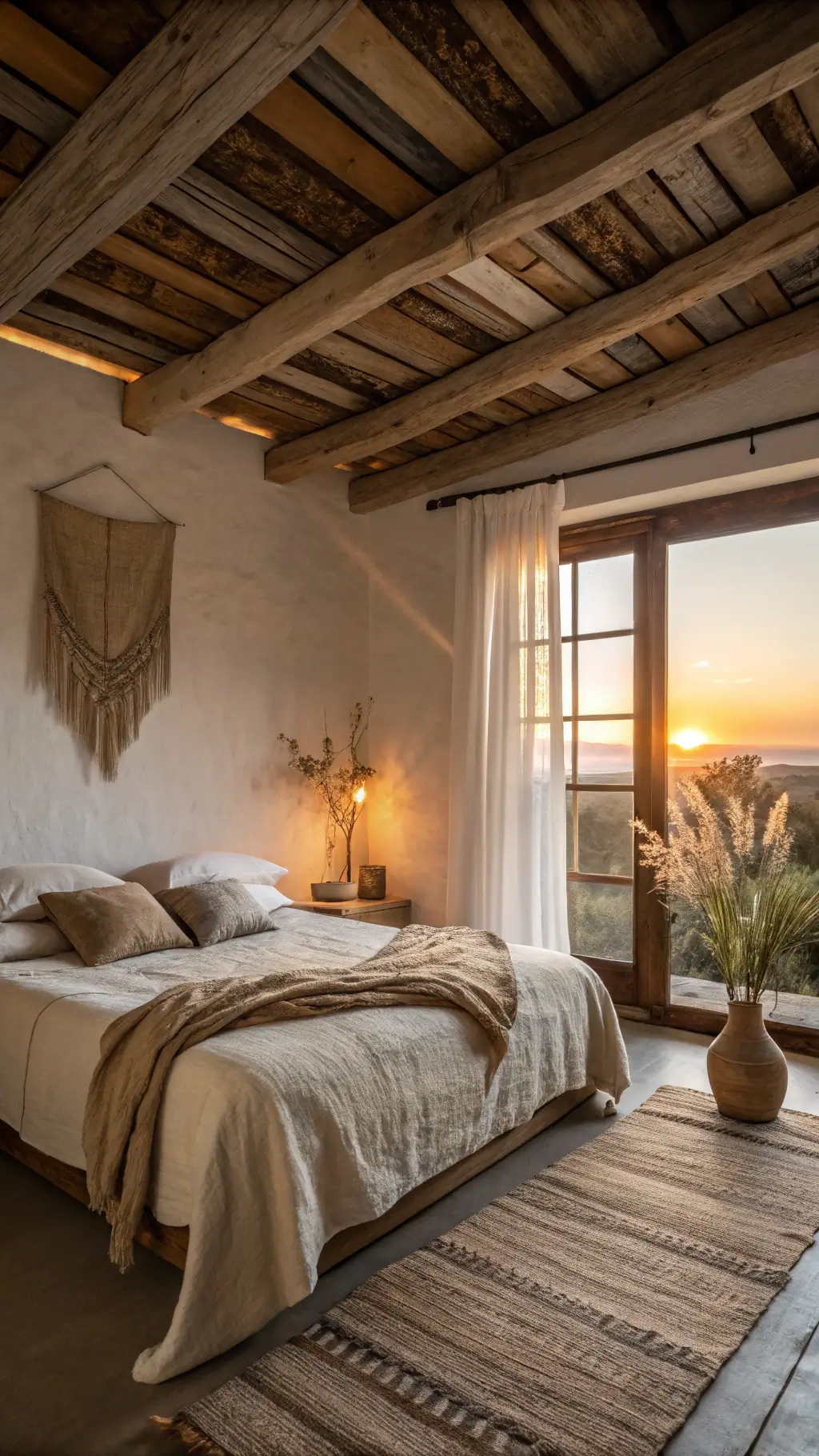 Sunset light filtering through raw silk curtains in an intimate 10x12ft bedroom featuring exposed wooden ceiling beams, a simple platform bed with natural linen and earth-toned wool throws, a handcrafted ceramic bedside lamp, and a weathered bronze vase with a wabi-sabi inspired ikebana arrangement.