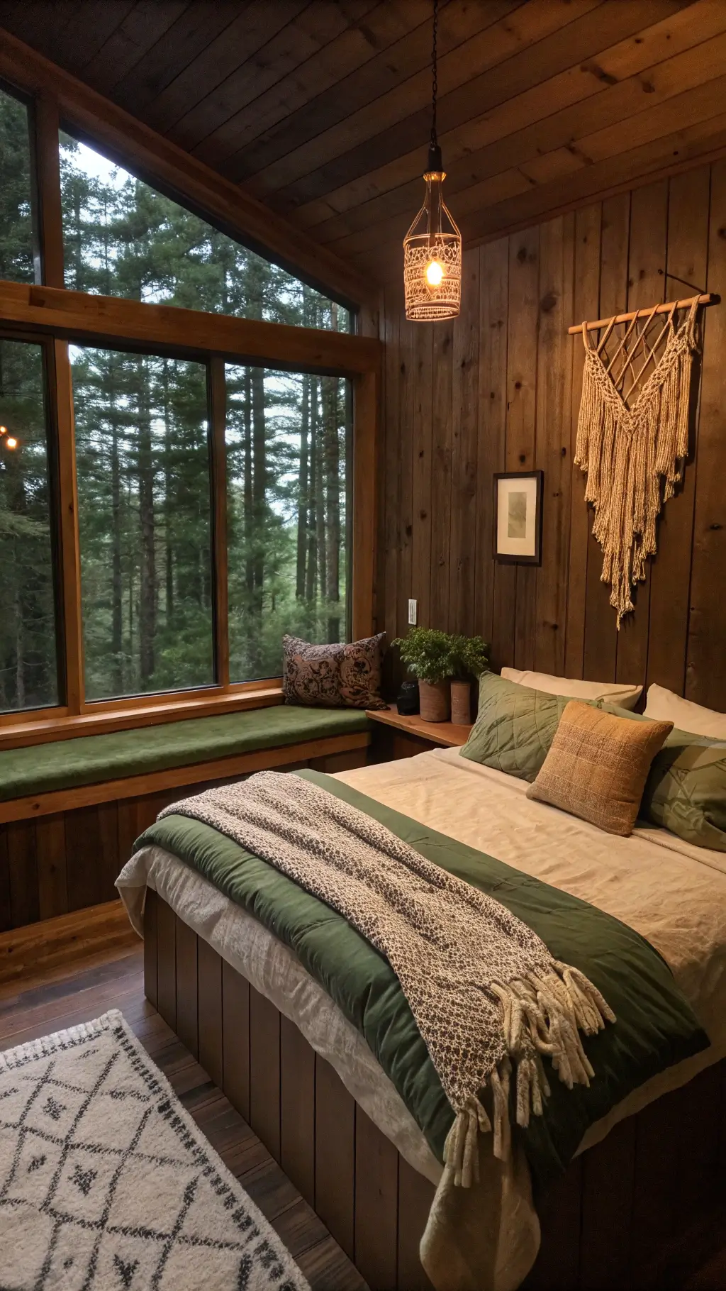 Cozy 10x12ft woodland-themed bedroom with dark cedar planks, window seat under a large picture window with forest view, bed with forest green and oatmeal linens, a macramé wall hanging, and soft lighting from a vintage copper pendant.