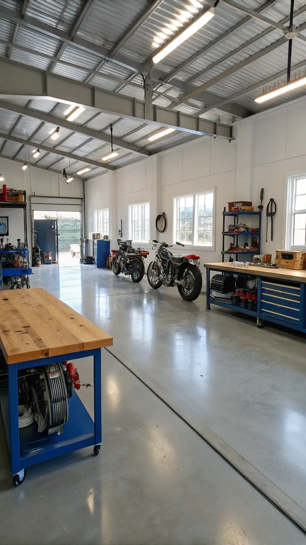 Spacious industrial-style garage workshop with epoxy-finished concrete floor, white steel walls with organized tools, restored vintage motorcycle centerpiece, steel workbenches with butcher block tops under industrial LED lighting and morning light filtering from windows.