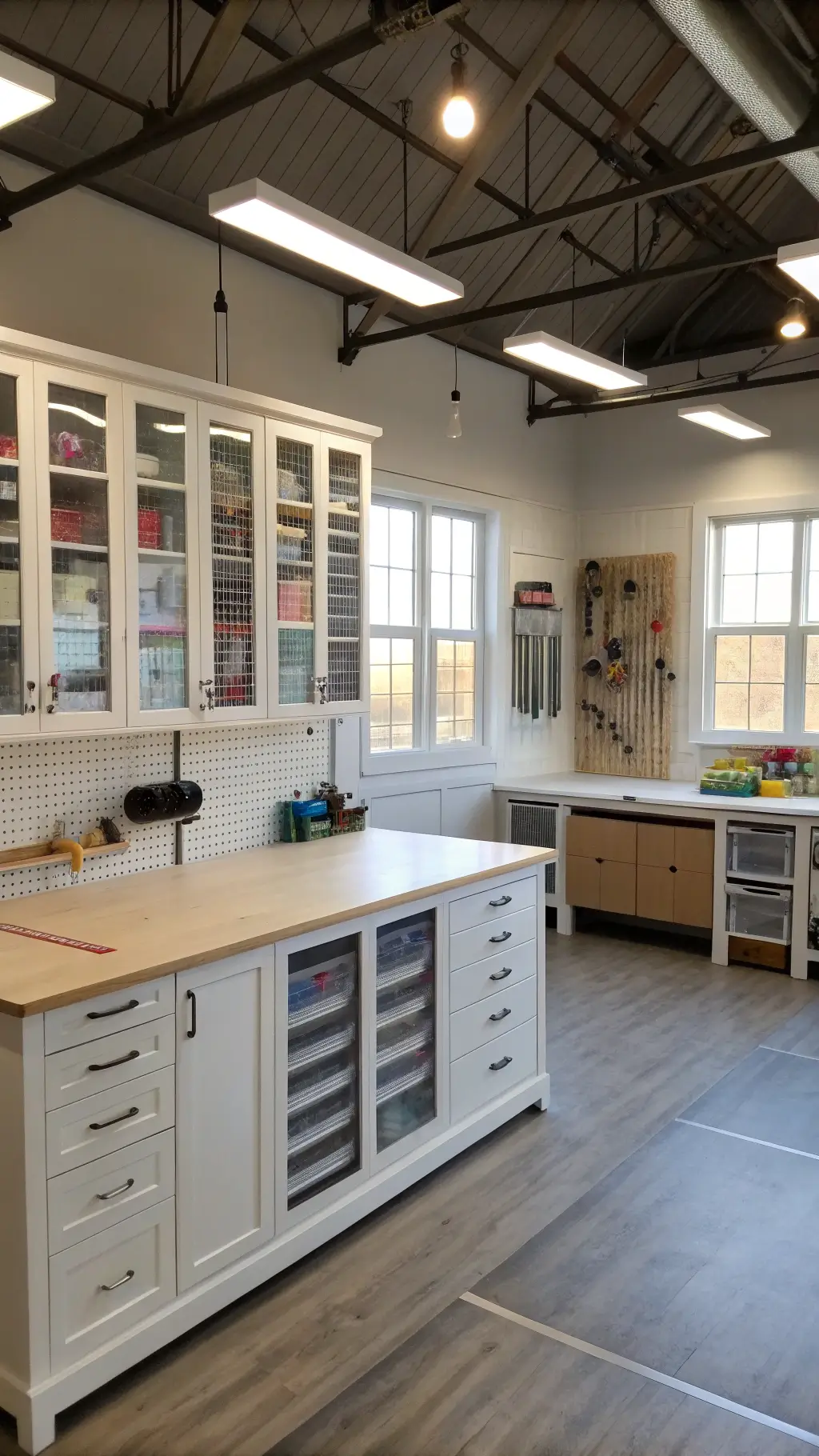 Bird's eye view of a spacious, well-organized craft room with industrial windows, custom storage solutions, dedicated zones for various activities, and a material library displayed in glass-front cabinets. The room is lit with diffused daylight and studio lights for clear detail work. The color scheme features white, pale wood, and colorful craft supplies.