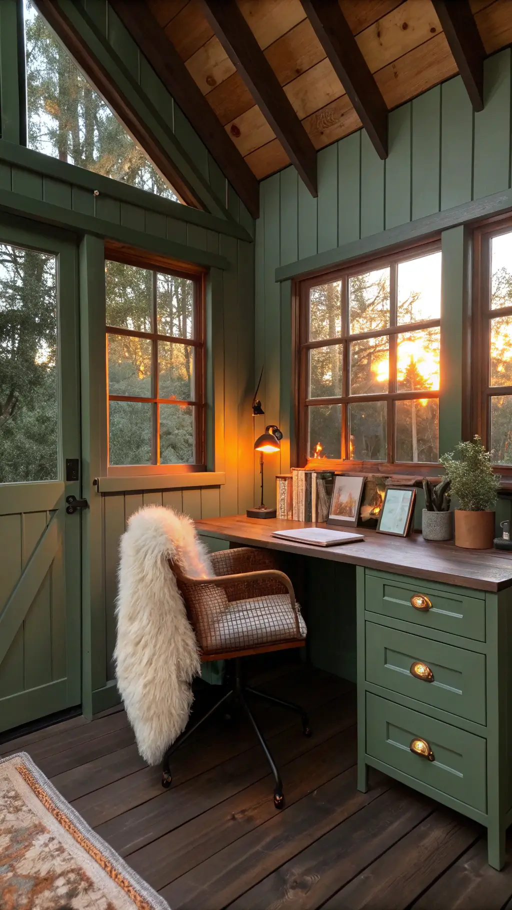 Sunset view of a compact 6'x8' writer's cabin with cathedral windows, sage green walls, a dark walnut desk, brass hardware accents, a sheepskin-draped chair, copper mesh organizers, and a potted fiddle leaf fig.