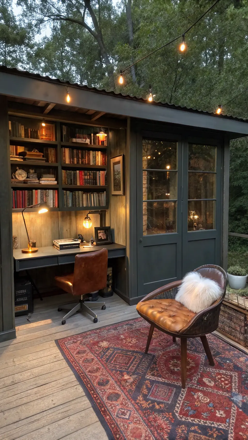 Cozy cabin office at dusk featuring floor-to-ceiling gray bookshelves, glass desk, vintage kilim rug, leather chair, sheepskin ottoman, and ambient lighting.