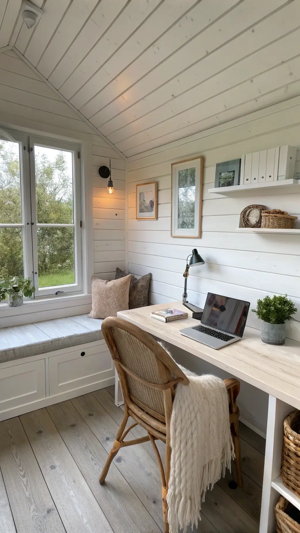 Bright, Nordic-inspired cabin office featuring white-painted shiplap walls, a wall-mounted blonde ash wood desk, a rattan chair with leather cushion, a window seat with storage, and wall-mounted dried botanical frames. The room is accented with a chunky oatmeal wool throw and clean Scandinavian lighting.