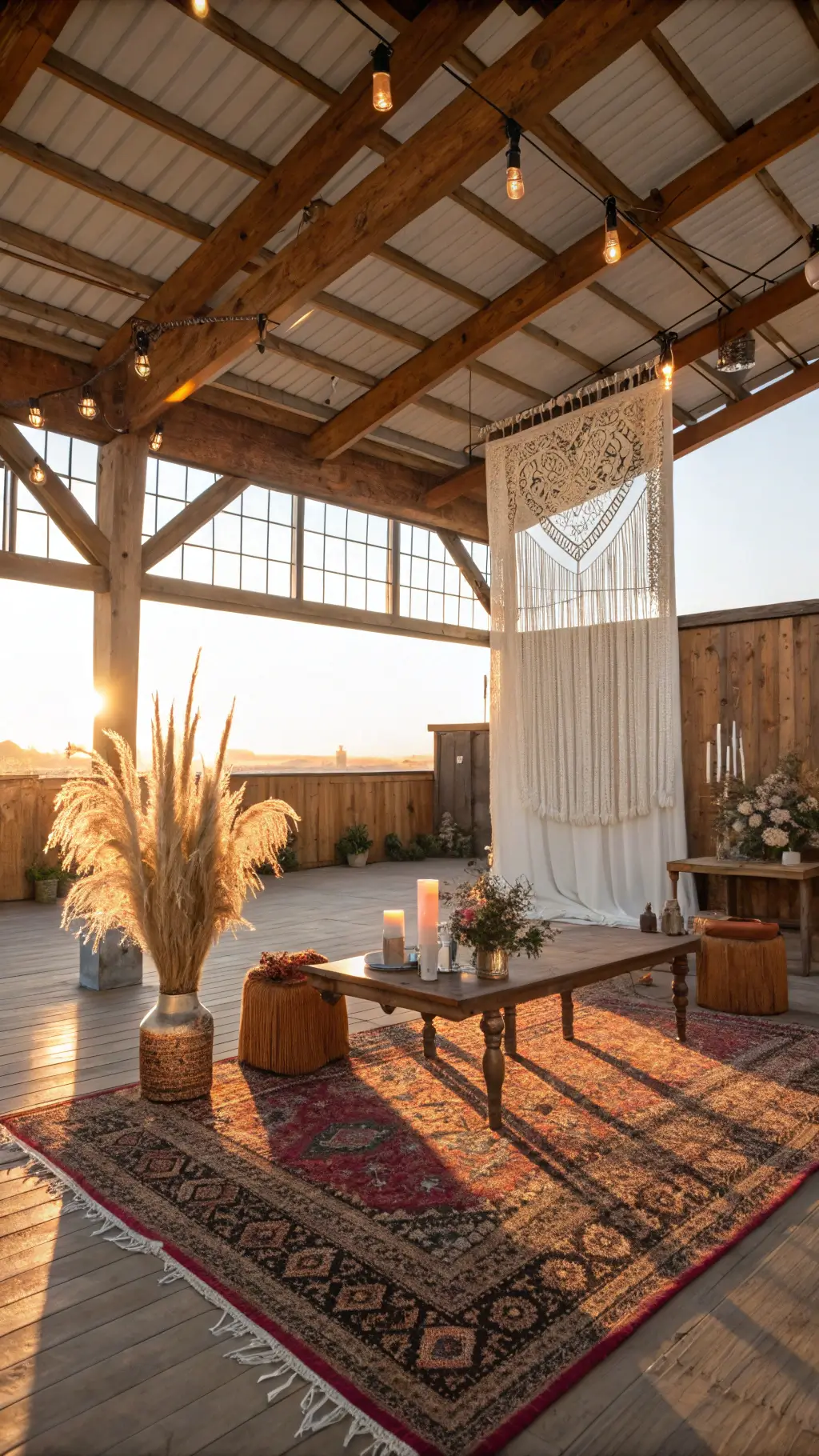 Sun-drenched vintage reception space with macramé backdrop, wooden table, Persian rugs, velvet cushions, pampas grass in copper vessels, brass candlesticks, and sheer white drapes at golden hour.