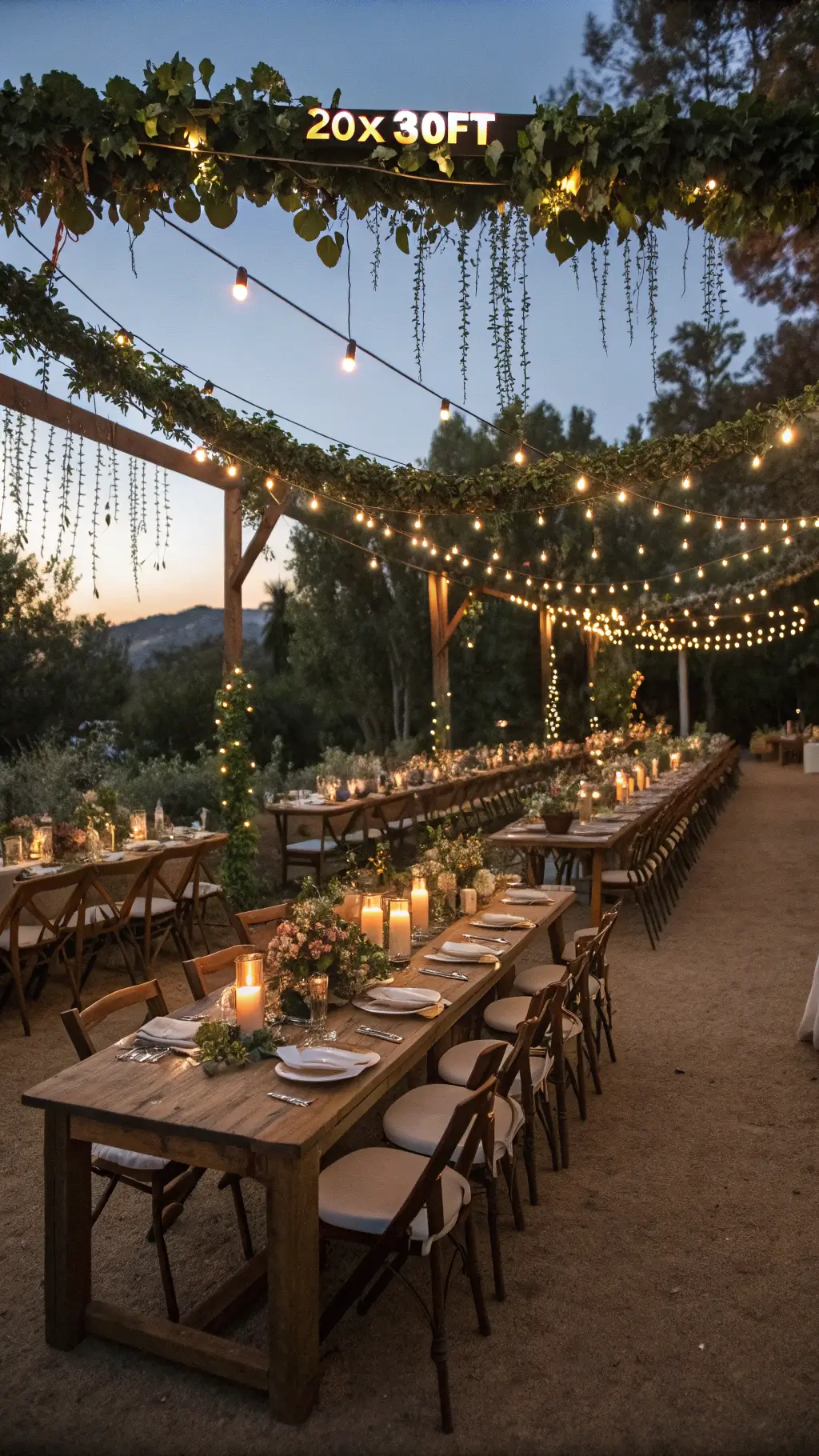 Elevated shot of an open-air reception at dusk, showcasing long farm tables under a café light canopy, mismatched vintage chairs, brass lanterns, beeswax candles, greenery garlands with dried flowers, organic linen napkins and hand-calligraphed elements.
