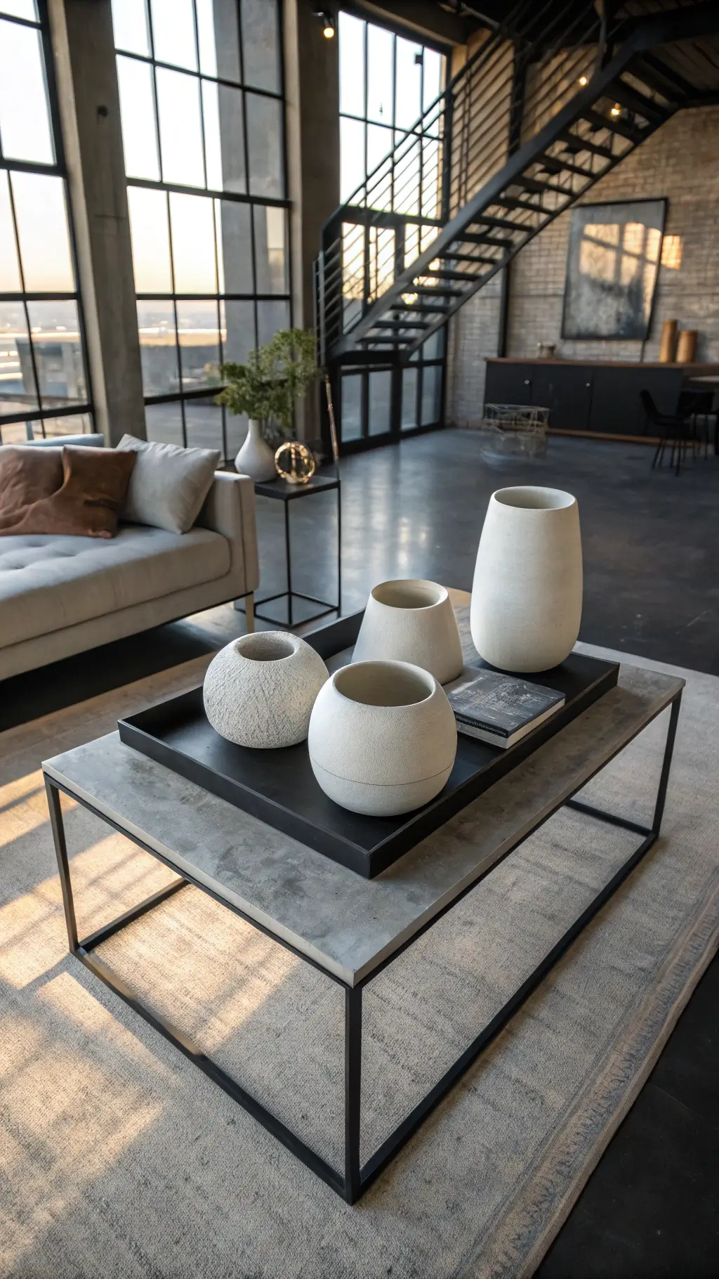 Bird's eye view of a contemporary loft with industrial design, monochromatic furniture, and dramatic afternoon shadows created by steel-framed windows, focusing on a sleek metal coffee table with minimalist white ceramic sculptures on a concrete tray.