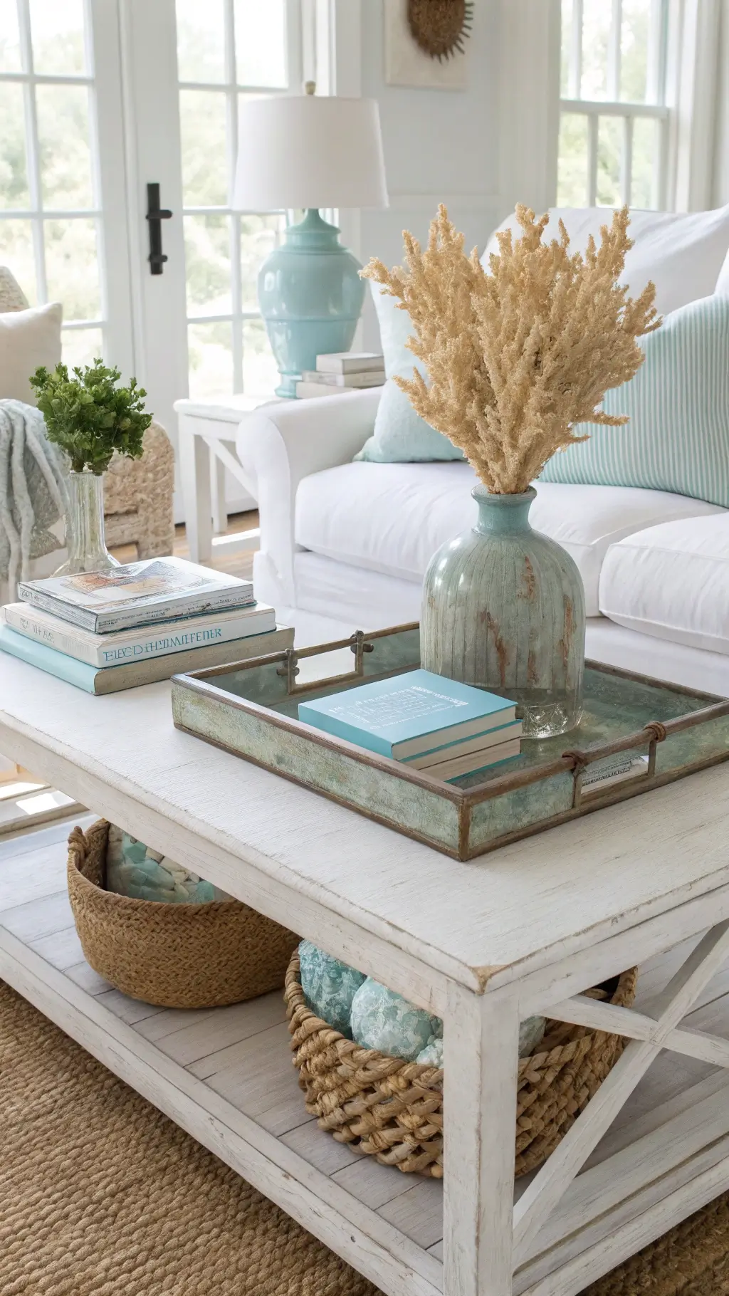 Bright and airy coastal living room with a whitewashed coffee table adorned with natural elements, white linen sofas, and pale blue accents, immersed in beautiful midday light.