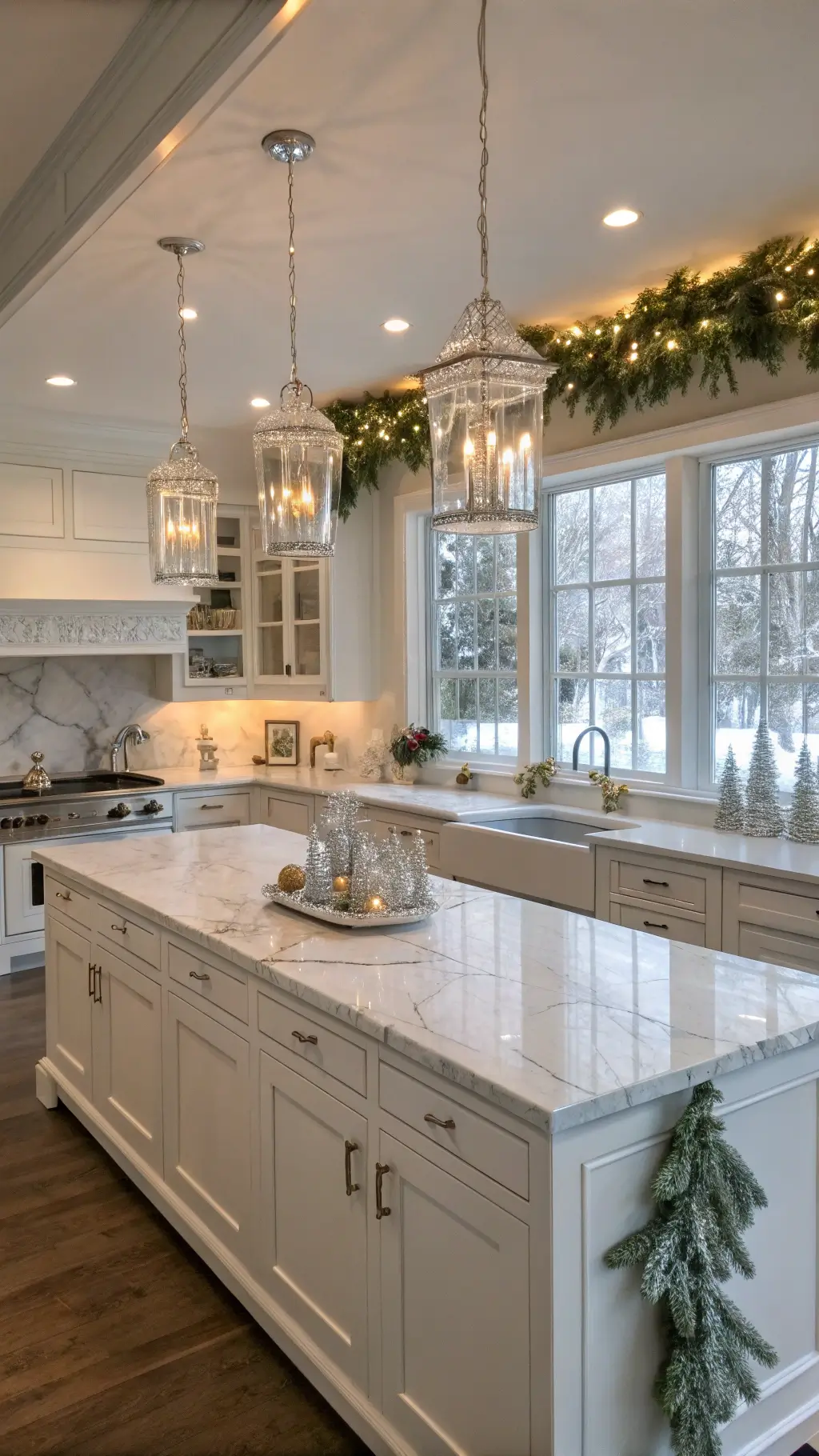 Spacious winter wonderland-themed kitchen with white marble countertops, white cabinetry, silver decorative pieces, LED lighting, and framed window with frosted pine garland.