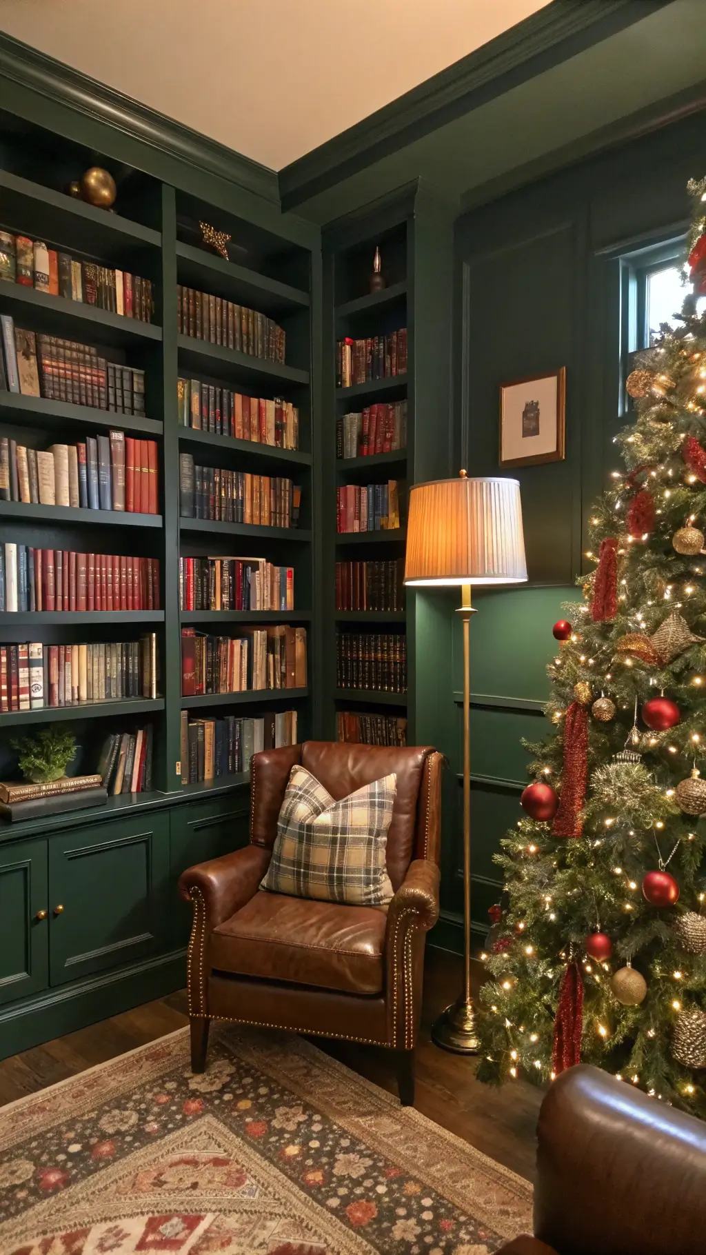 Cozy vintage eclectic study with green floor-to-ceiling bookshelves, ornate brass ornaments, mercury glass, and a traditional Christmas tree shot focusing on a comfortable reading nook with a leather wingback chair, needlepoint pillows and tartan throw.