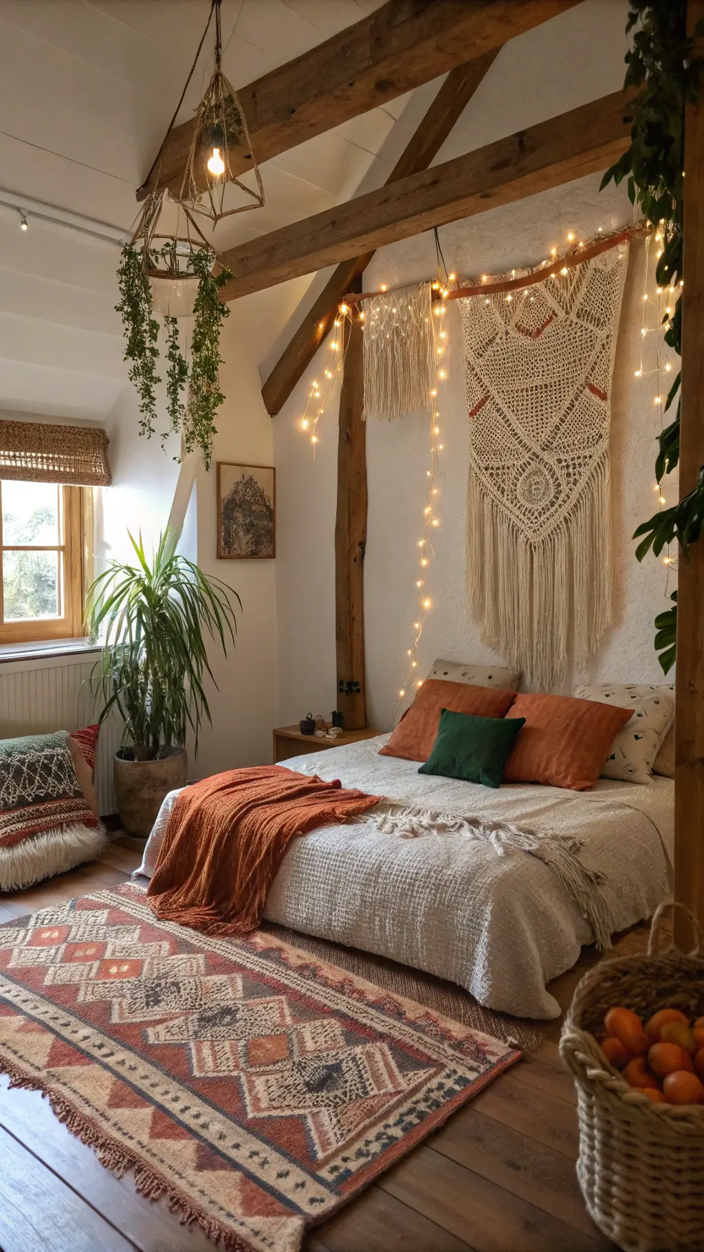 Bright bohemian holiday bedroom filled with morning sunlight, highlighting layered textiles in rust, cream, and forest green. Bedroom features macramé wall hanging, exposed wooden beams, copper-wrapped Norfolk pine, floor pillows, a vintage kilim rug, and natural decor like dried orange garland and cinnamon sticks.