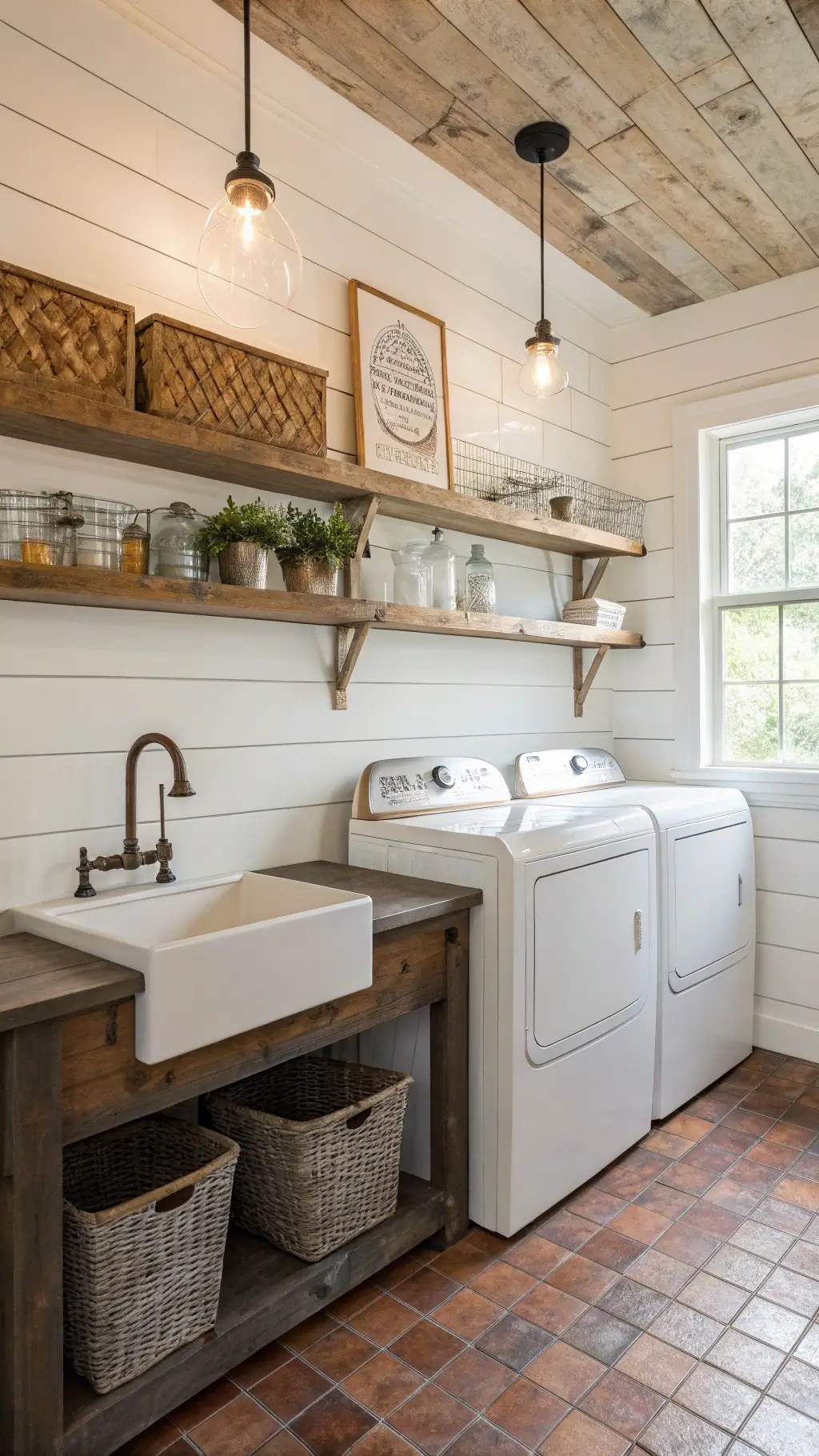 Vintage-inspired laundry room featuring white appliances, distressed wood shelving, a warm white shiplap wall, bronze apron sink, terra cotta tiles, antique zinc containers, fresh lavender bundles, and woven pendant lights casting a warm glow.