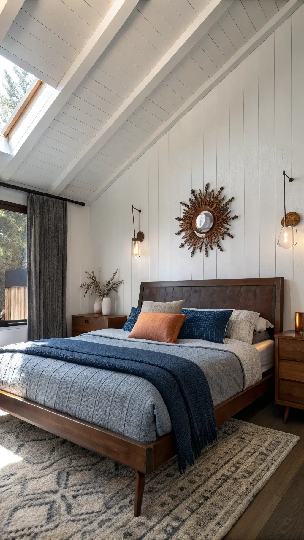 Mid-century modern king bed in dark walnut in a cozy 14x16ft bedroom with textured white walls, slate blue linens, heathered gray throws, and copper accent pillows; featuring angled headboard panel, floating nightstands and a vintage starburst mirror reflecting warm metallic tones.