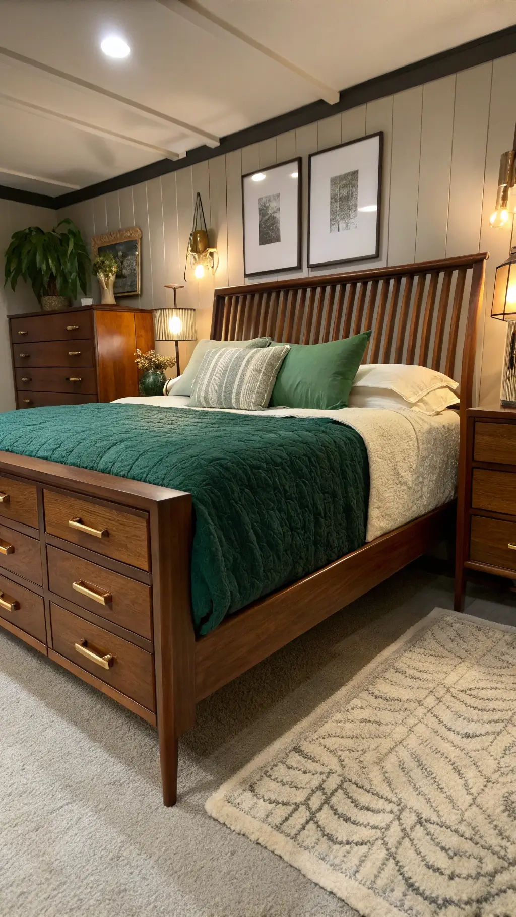 Mid-century bedroom with teak storage bed, vintage brass handles, slatted headboard with hidden storage, and emerald green and cream bedding in warm artificial light.