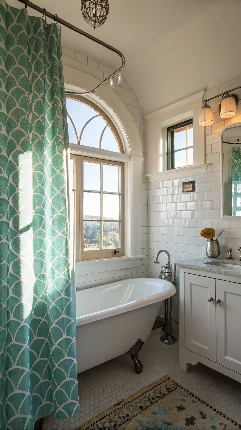 Sunlit bathroom with iridescent aqua shower curtain, white subway tiles with green accents, vintage clawfoot tub, shell-shaped sconces, and a driftwood mirror frame above a pearl finish vanity.
