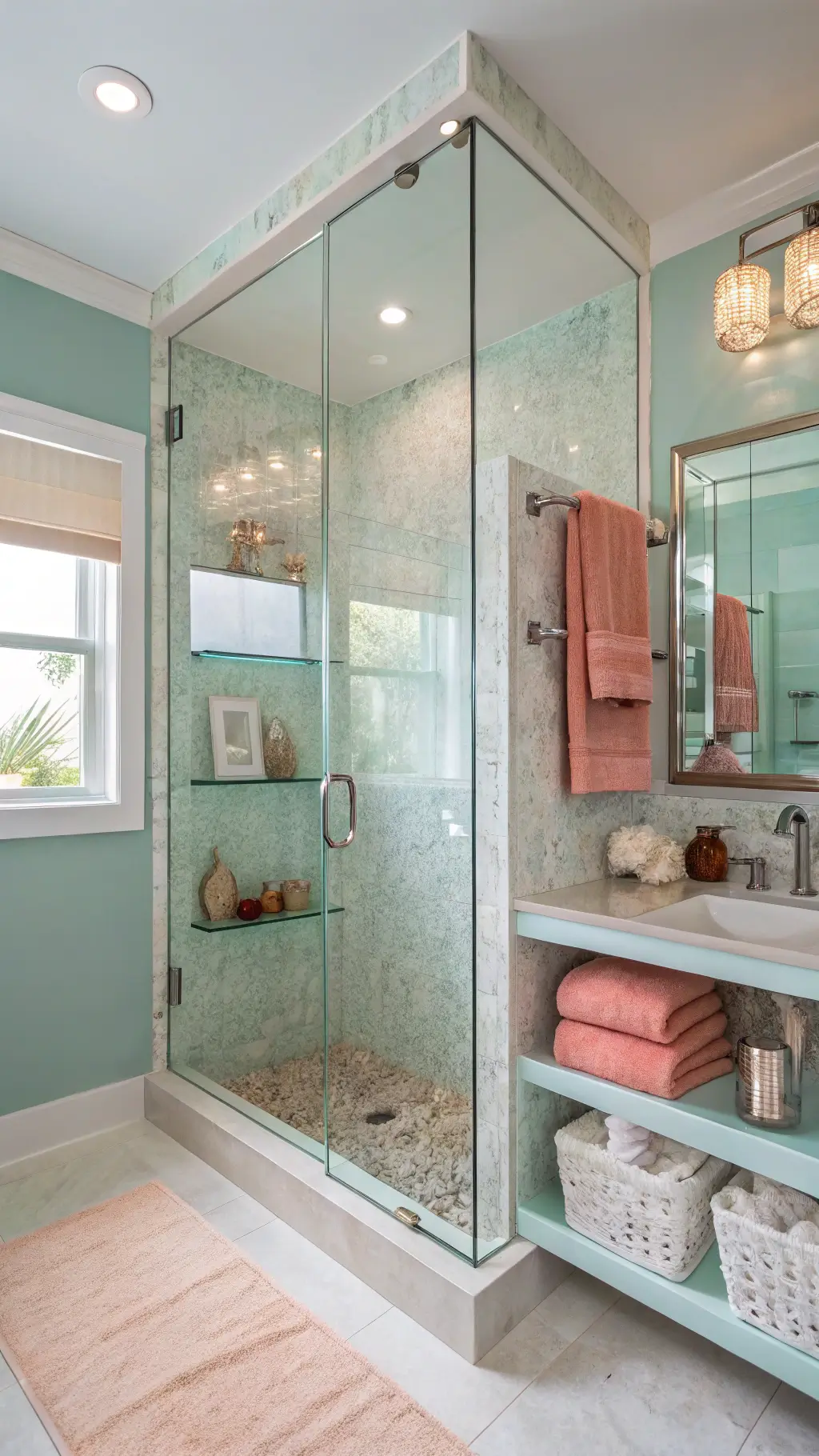 Low angle view of a modern 6x8ft bathroom with cascading mother-of-pearl tiled glass shower, teal ombré walls, and rose gold fixtures reflecting dawn light from frosted window, accented with coral Turkish towels and shell collection on floating shelves.