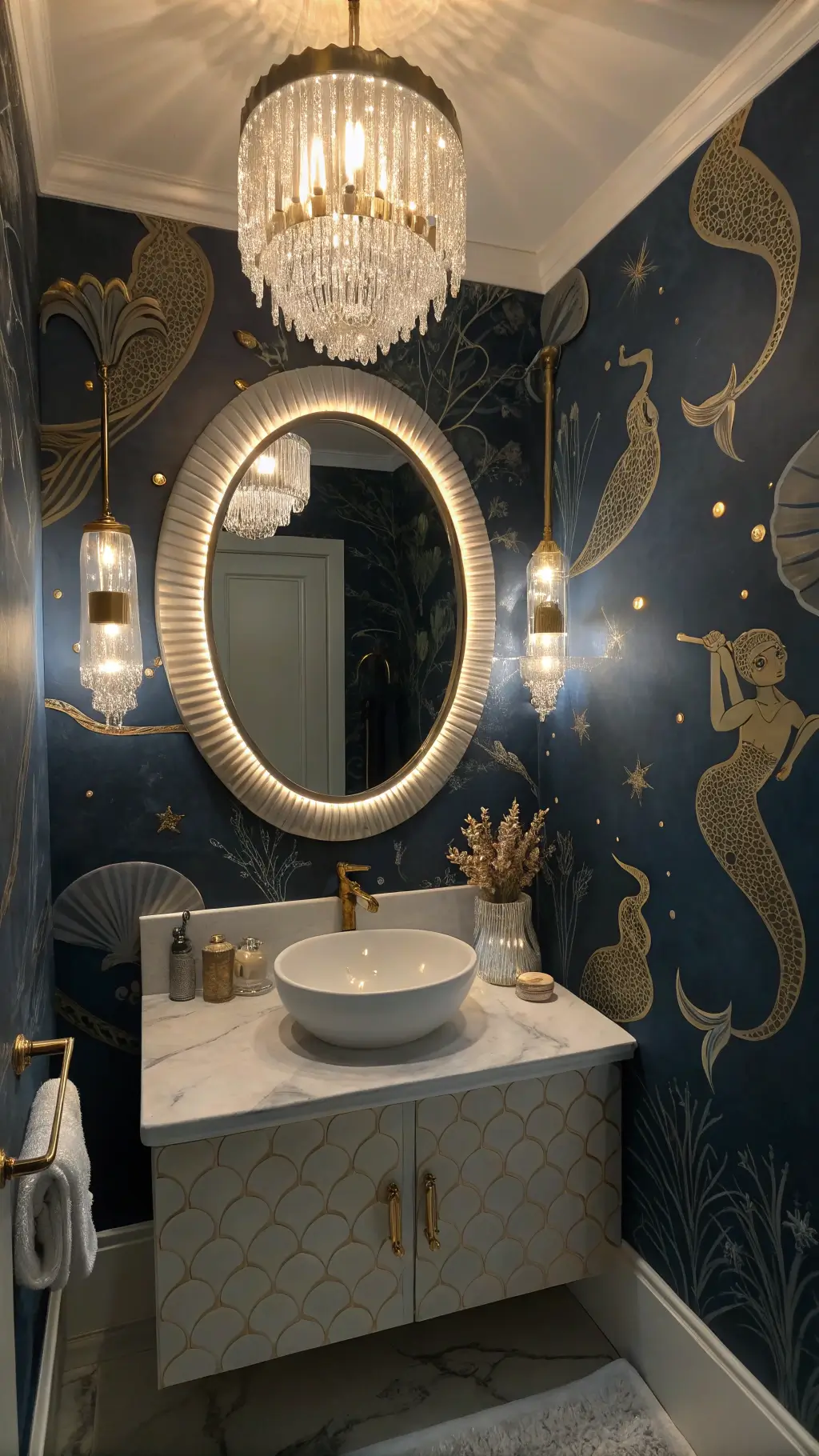 Elegant powder room, navy and gold, with backlit mirror, watercolor mermaid mural, crystal pendant light reflections, and carved marble sink